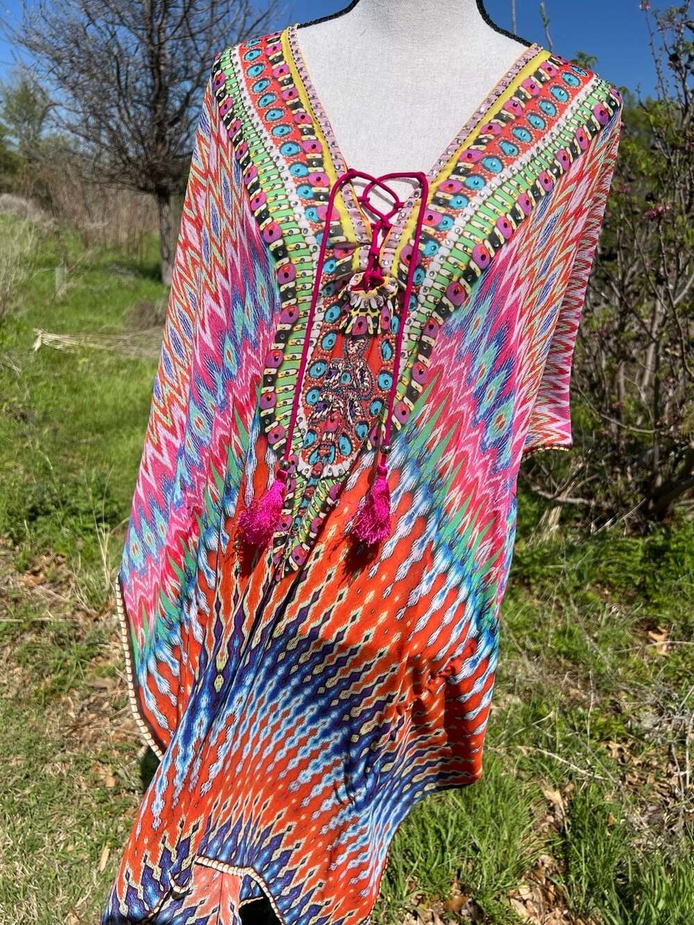 True Colours By La Moda Embellished Lace-Up Kaftan Dress - Picture 13 of 15
